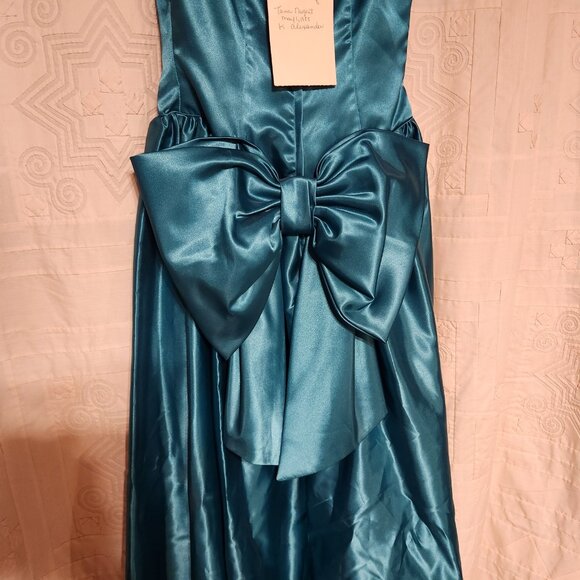 👗 Vtg 1988 Teal Satin Puff Sleeve Bow Prom Dress XS 👗 - Picture 5 of 9